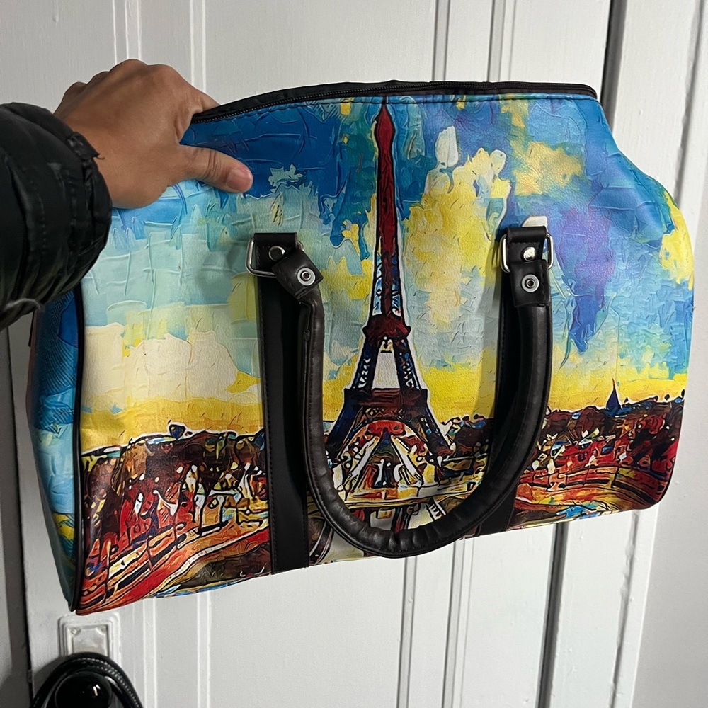 Paris Eiffel Tower Print Travel Tote Bag in Blue and Yellow